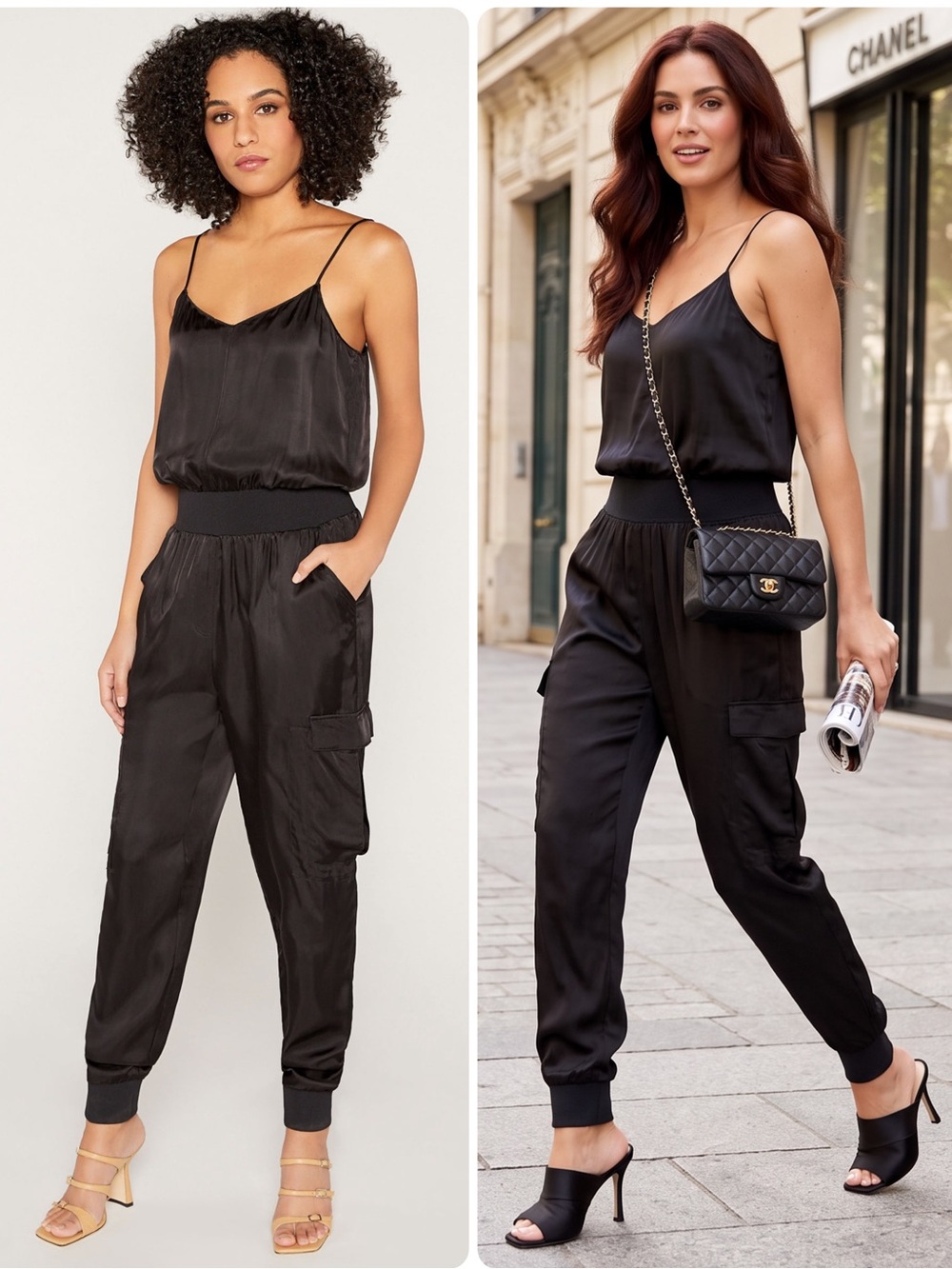 Cinq a Sept Twill Amia Black Cupro Cargo Jogger Elastic-Waist Jumpsuit NWOT $395